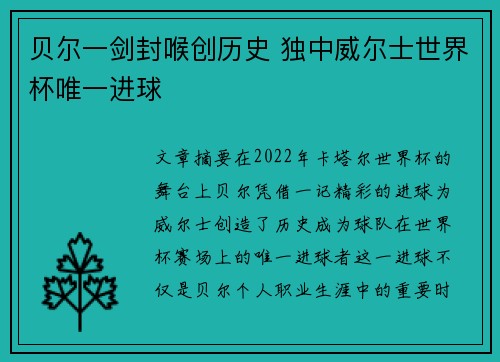 贝尔一剑封喉创历史 独中威尔士世界杯唯一进球
