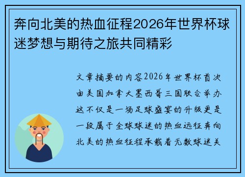 奔向北美的热血征程2026年世界杯球迷梦想与期待之旅共同精彩