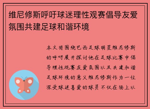 维尼修斯呼吁球迷理性观赛倡导友爱氛围共建足球和谐环境
